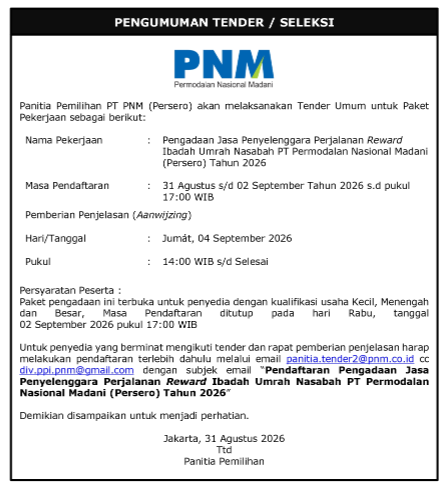 Pengadaan Jasa Penyelenggara Perjalanan Reward Ibadah Umrah Nasabah PT Permodalan Nasional Madani (Persero) Tahun 2026