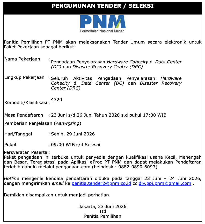 Pengadaan Penyelarasan Hardware Cohecity di Data Center (DC) dan Disaster Recovery Center (DRC)